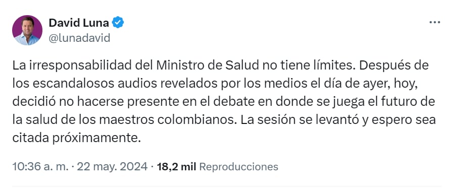 David Luna fue uno de los primeros en criticar la ausencia del ministro de Salud al debate de control político - crédito red social X