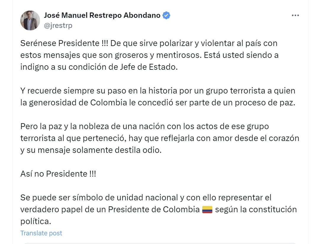 José Manuel Restrepo le pidió a Gustavo Petro serenarse, luego de llamar terrorista a Iván Duque - crédito @jrestrp/X