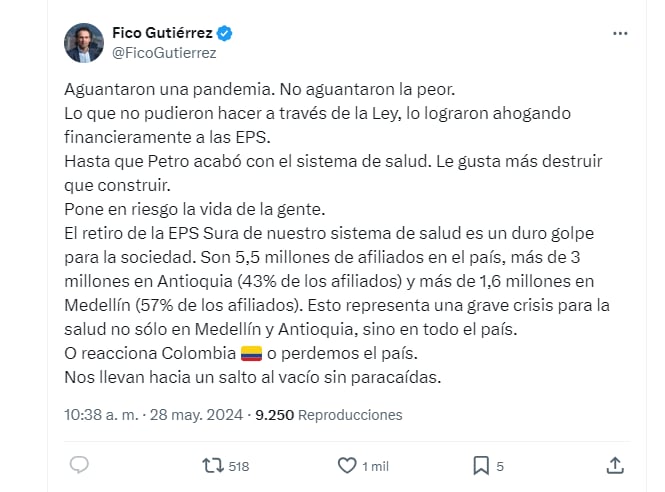 Preocupación del alcalde de Medellín por fin de la EPS Sura - crédito @FicoGutierrez/X