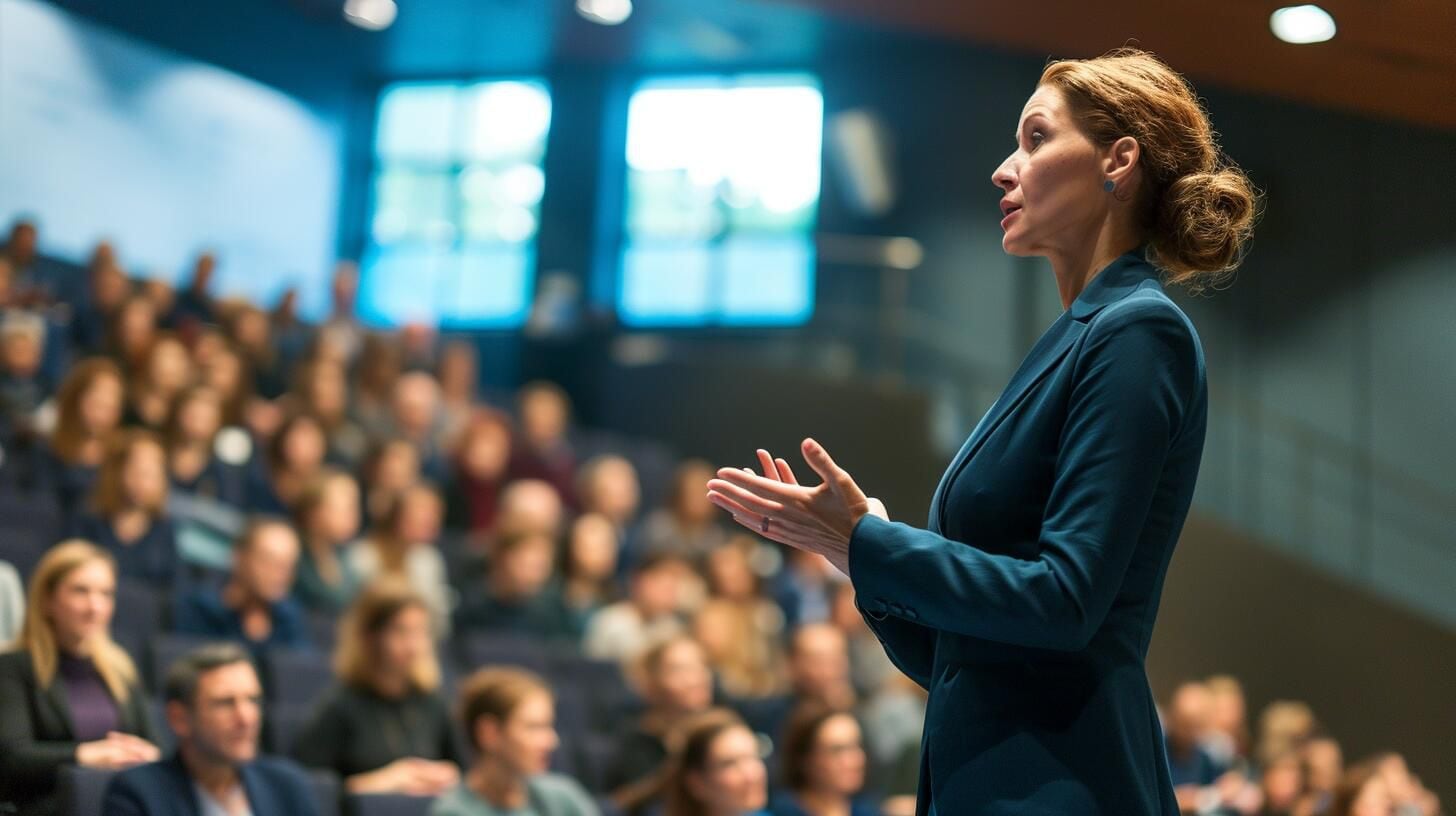 Imagen de una mujer profesional dando una charla motivacional en un workshop, con un auditorio lleno de participantes enfocados en su discurso. La fotografía resalta la importancia del coaching y la educación continua en el ámbito profesional, mostrando cómo un orador calificado puede inspirar y guiar a otros en su crecimiento personal y profesional. (Imagen ilustrativa Infobae)