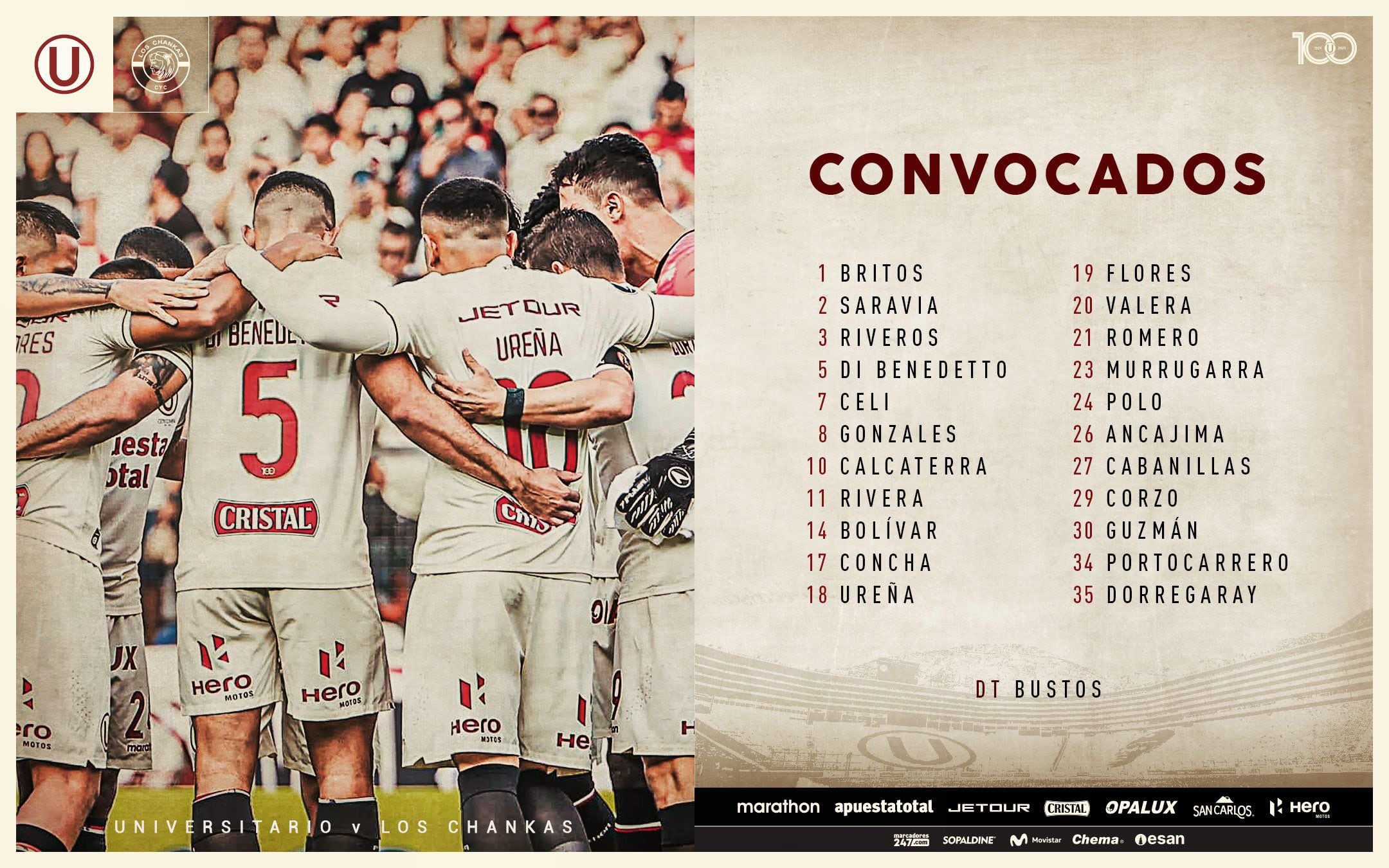 La lista de convocados de Universitario para medirse ante Los Chankas por fecha 17 del Torneo Apertura.