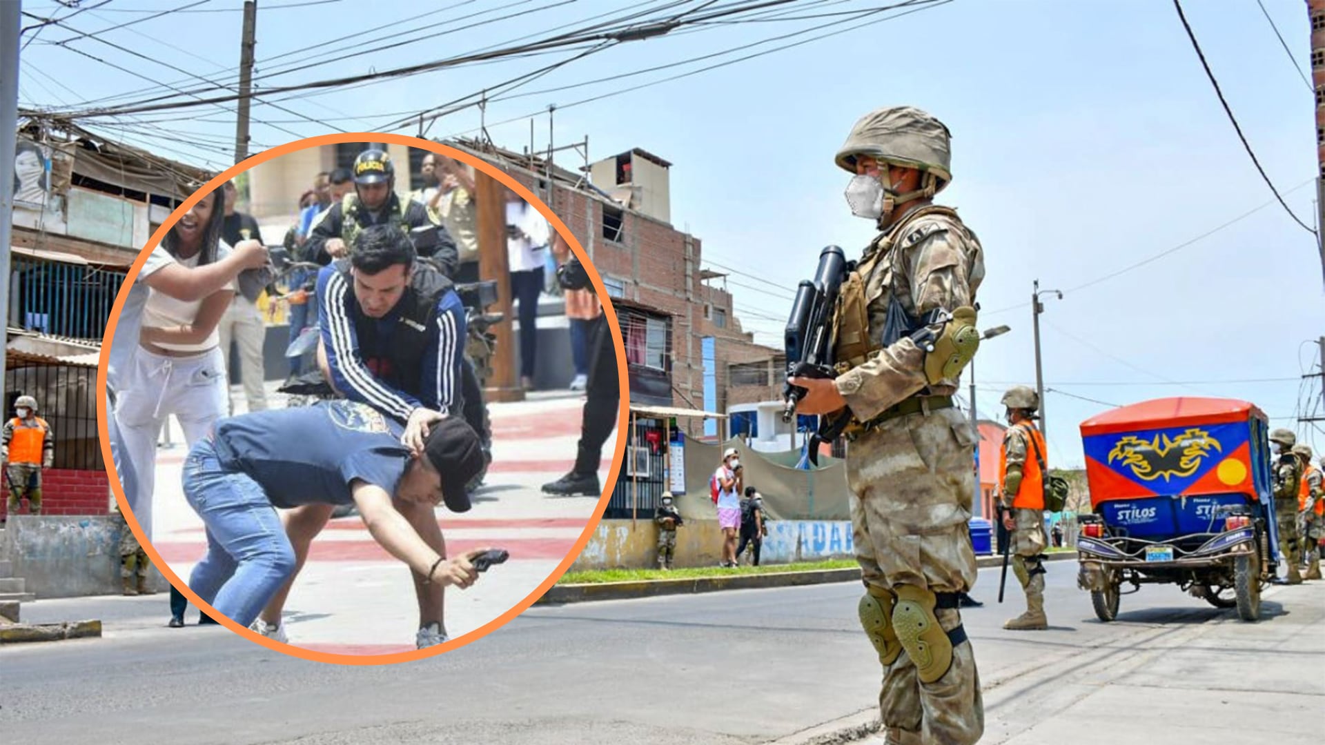 Militares custodian la vía pública ante posibles intentos de asaltos en las calles de la región Piura.