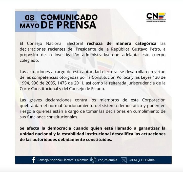 CNE respondió a Gustavo Petro tras señalamientos en contra de magistrados