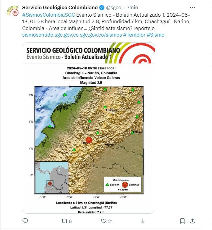 El sismo se reportó en el municipio de Chachagüí, Nariño - crédito @sgcol/X