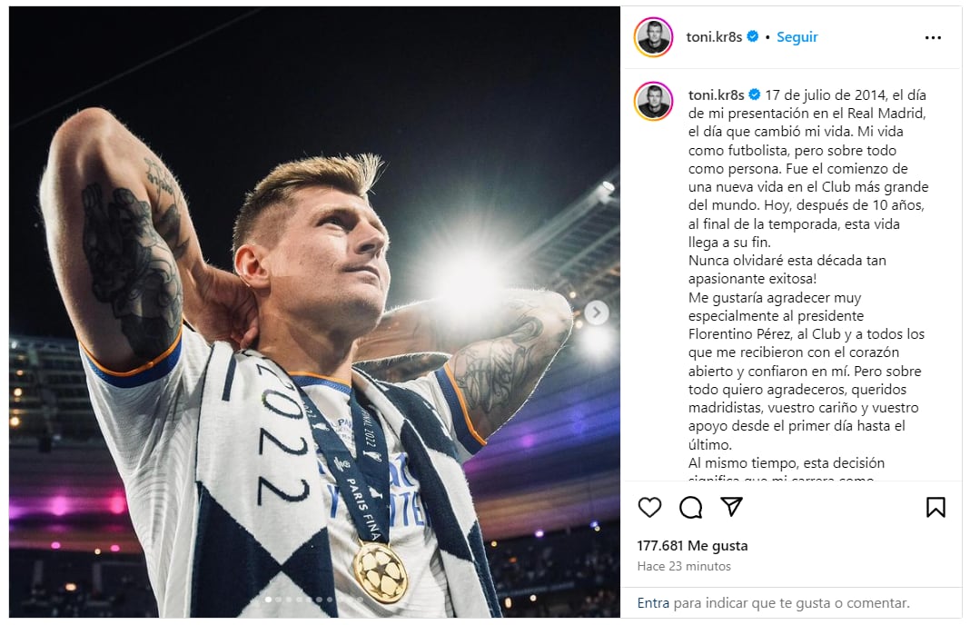 Post de Instagram con el que Toni Kroos ha anunciado su adiós del Real Madrid y su retirada del fútbol