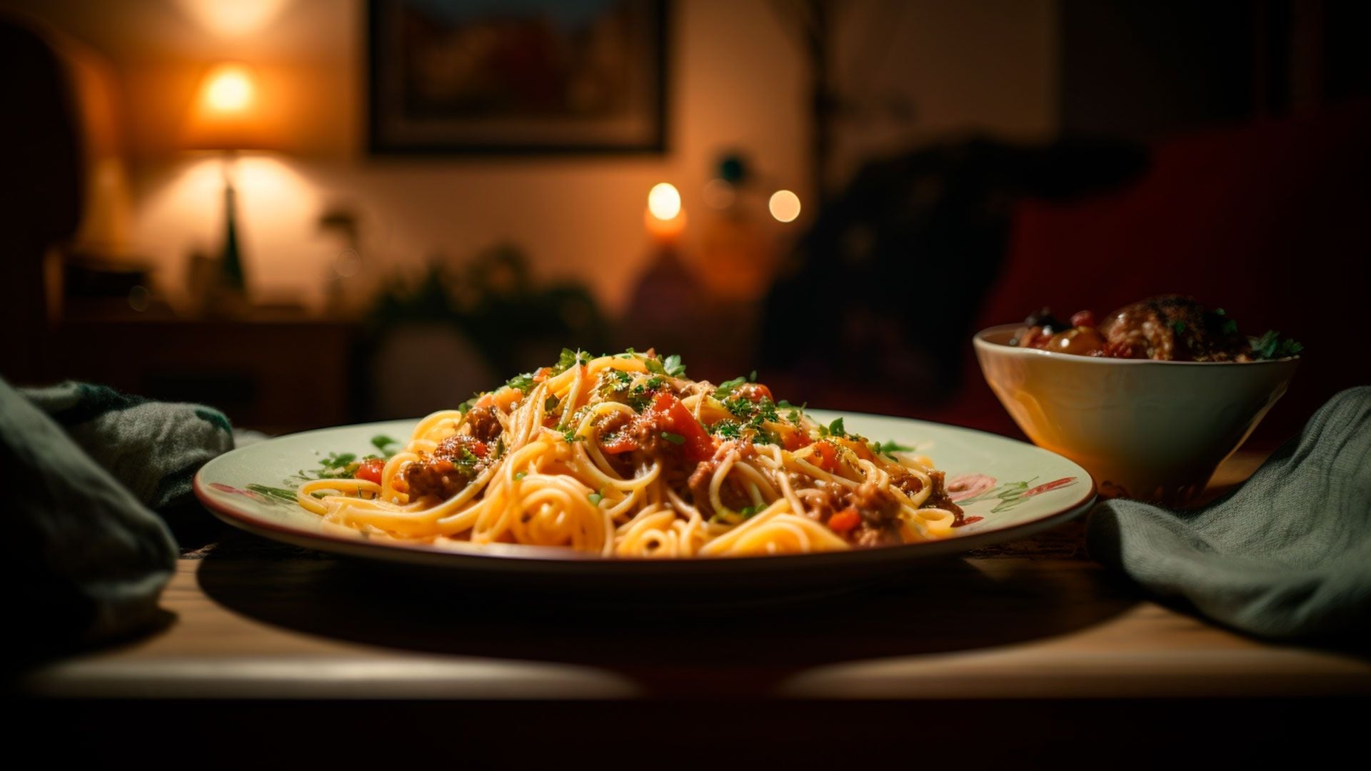 Fideos con salsa cena pastas spaghetti Espagueti con tuco- visualesIA