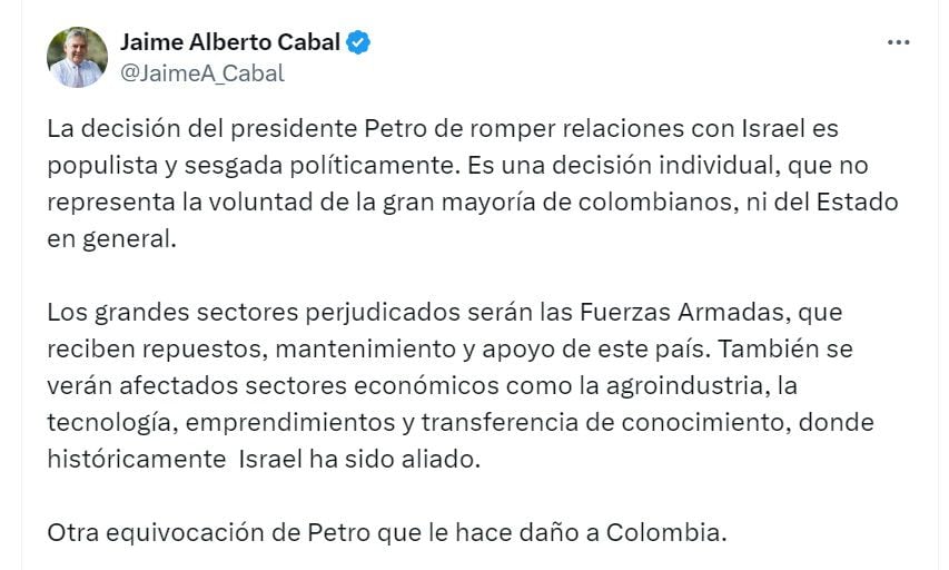 Jaime Cabal, presidente de Fenalco, cree que romper relaciones con Israel es otra equivocación de Gustavo Petro que le hace daño a Colombia - crédito @JaimeA_Cabal