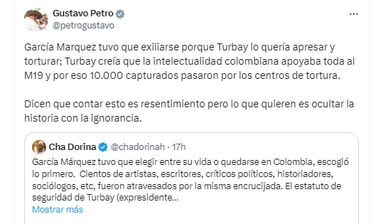 Petro dijo que García Márquez abandonó Colombia por persecución del gobierno de Turbay - crédito @petrogustavo/X