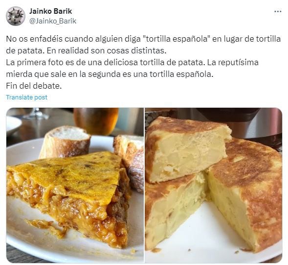 Las imágenes publicadas por @Jainko_Barik en la red social X, mostrando dos versiones de la tortilla de papas