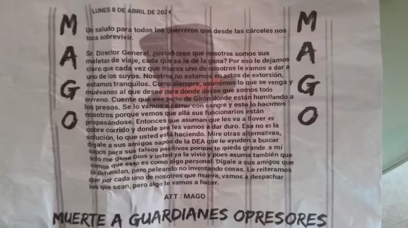 Un panfleto firmado por mago amenaza al director de la cárcel Palogordo en Girón, Santander - crédito La Vanguardia