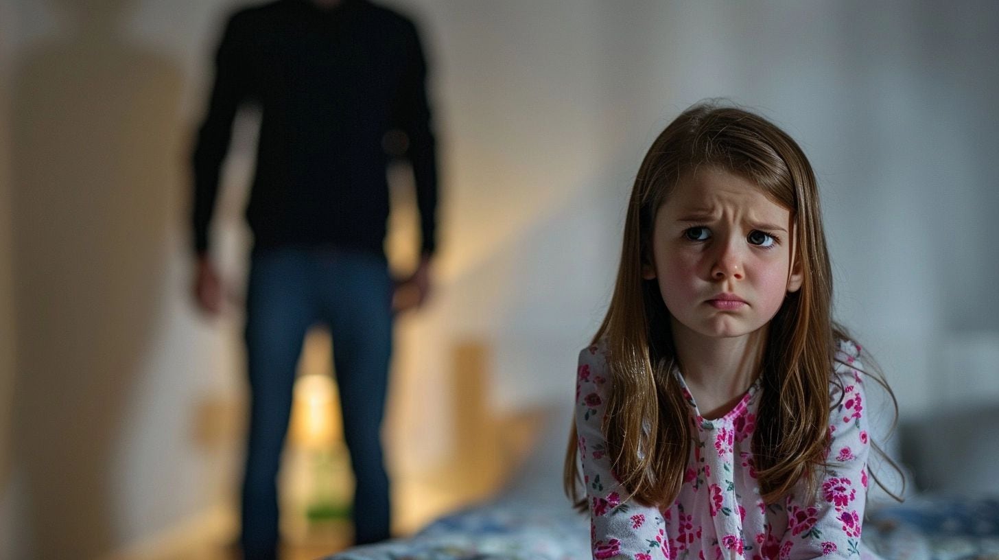 Una silueta oscura de hombre mirando a una niña triste en una cama representa el abuso infantil, maltrato y violencia doméstica. La prevención y el cuidado son fundamentales para proteger a los niños." (Imagen ilustrativa Infobae)
