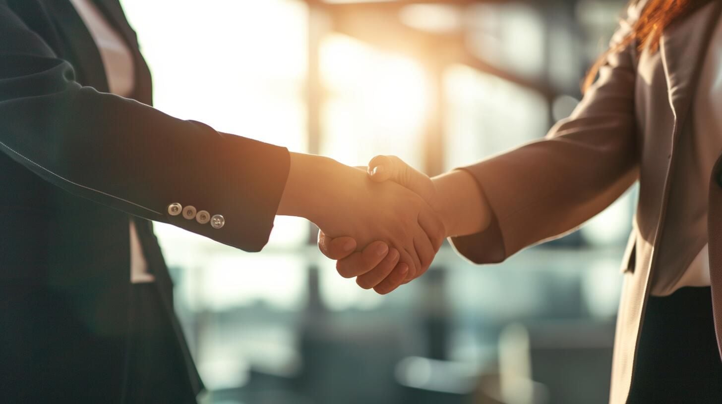 Dos mujeres de negocios en el momento de concretar un acuerdo profesional, sellando un trato con un firme apretón de manos en un entorno de oficina. La fotografía representa la igualdad de género en el lugar de trabajo y la presencia creciente de mujeres en roles de liderazgo y desarrollo empresarial. Demuestra cómo las profesionales femeninas forjan relaciones y acuerdos significativos en su carrera. (Imagen ilustrativa Infobae)