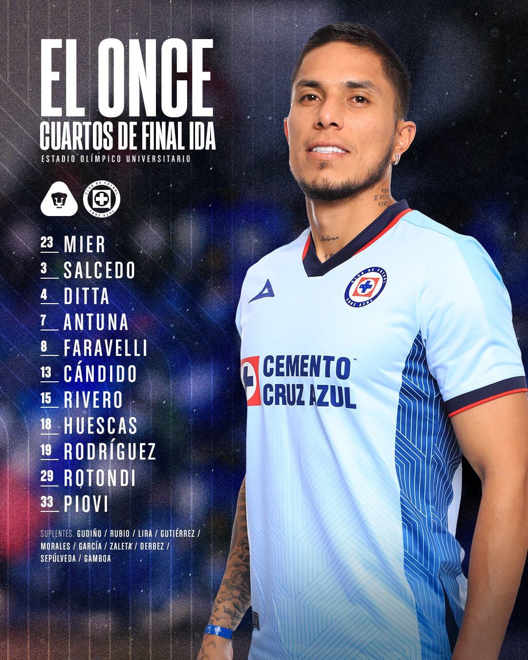 Alineación oficial de Cruz Azul vs Pumas UNAM, por la ida de cuartos de final de Liga MX. - Crédito: Difusión