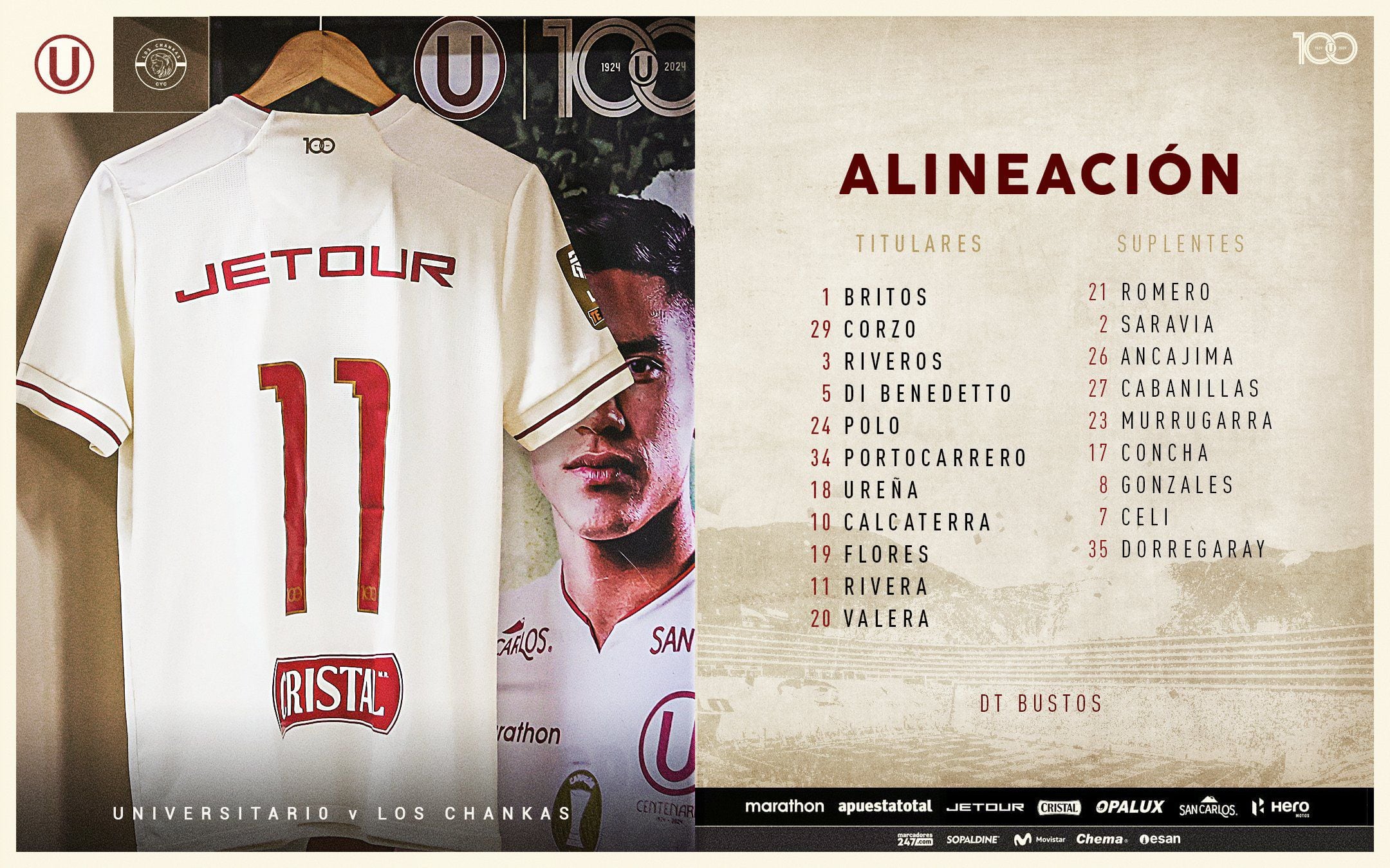 Alineación confirmada de Universitario para enfrentar a Los Chankas por la Liga 1 2024.