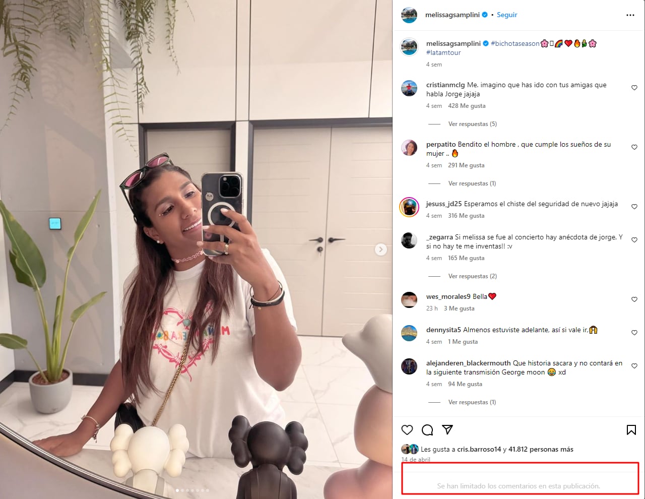 No se puede escribir comentarios en el Instagram de la esposa de Jorge Luna.