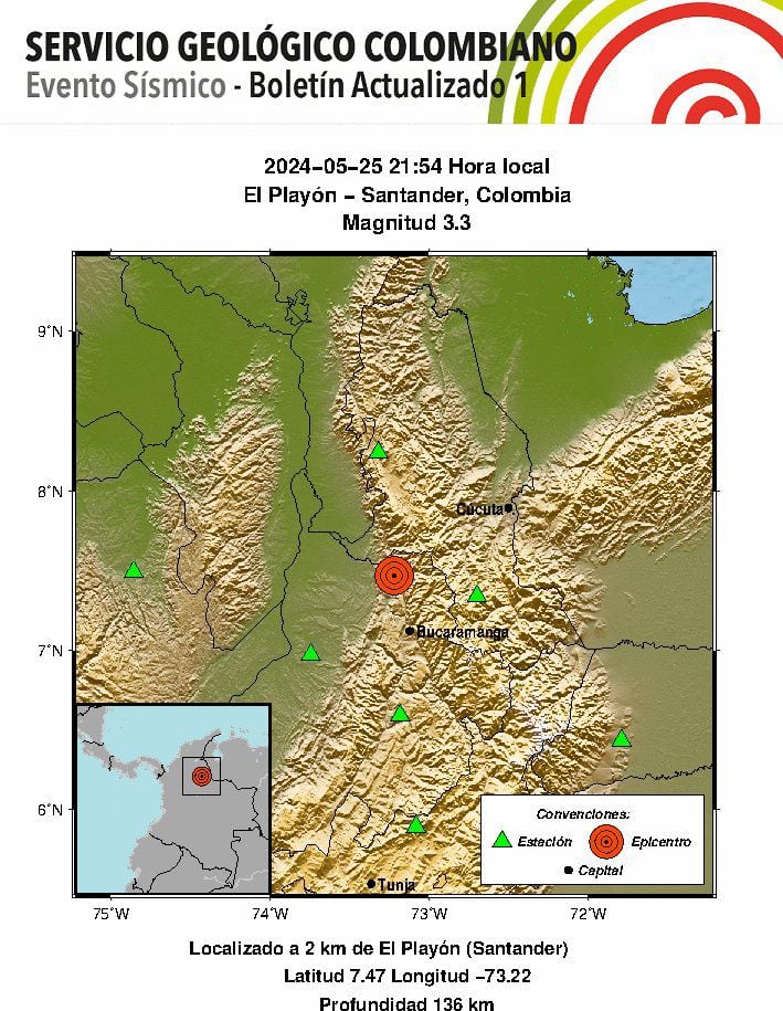 Un sismo de 3,3 grados se reportó en la noche del sábado 25 de mayo. (Crédito: @sgc / X)