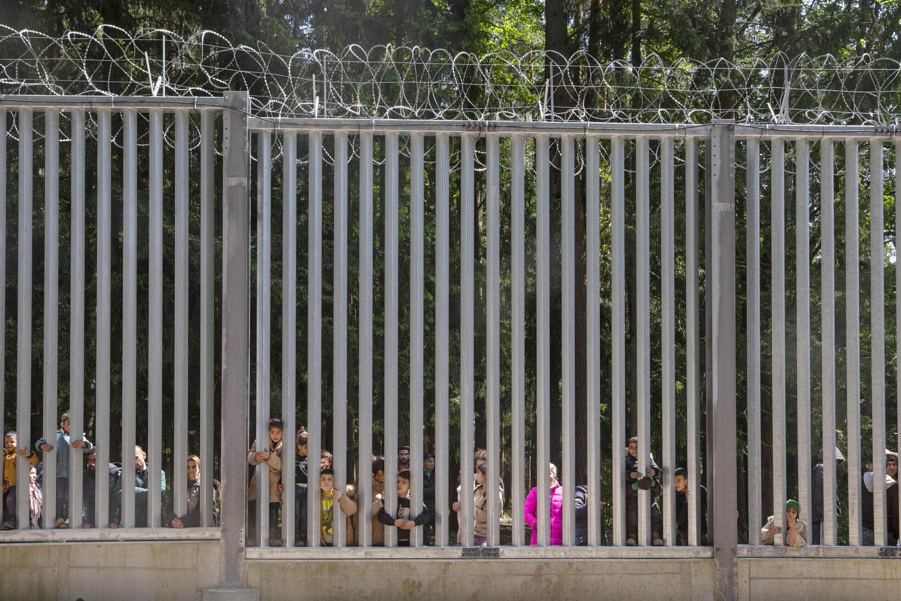 ARCHIVO - Miembros de un grupo de unos 30 solicitantes de asilo miran entre los barrotes de un muro fronterizo colocado por Polonia en su frontera con Bielorrusia para detener la llegada de migrantes, en Bialowieza, Polonia, el 28 de mayo de 2023. (AP Foto/Agnieszka Sadowska, Archivo)