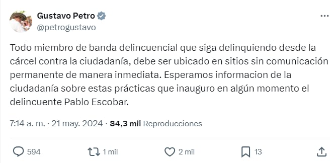 Petro publicó su postura sobre delincuentes en las cárceles - crédito @petrogustavo/X