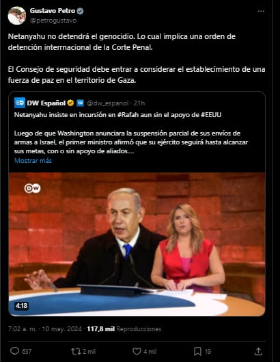 Presidente Petro pidió el arresto del primer ministro de Israel, Benjamín Netanyahu - crédito @PetroGustavo/X