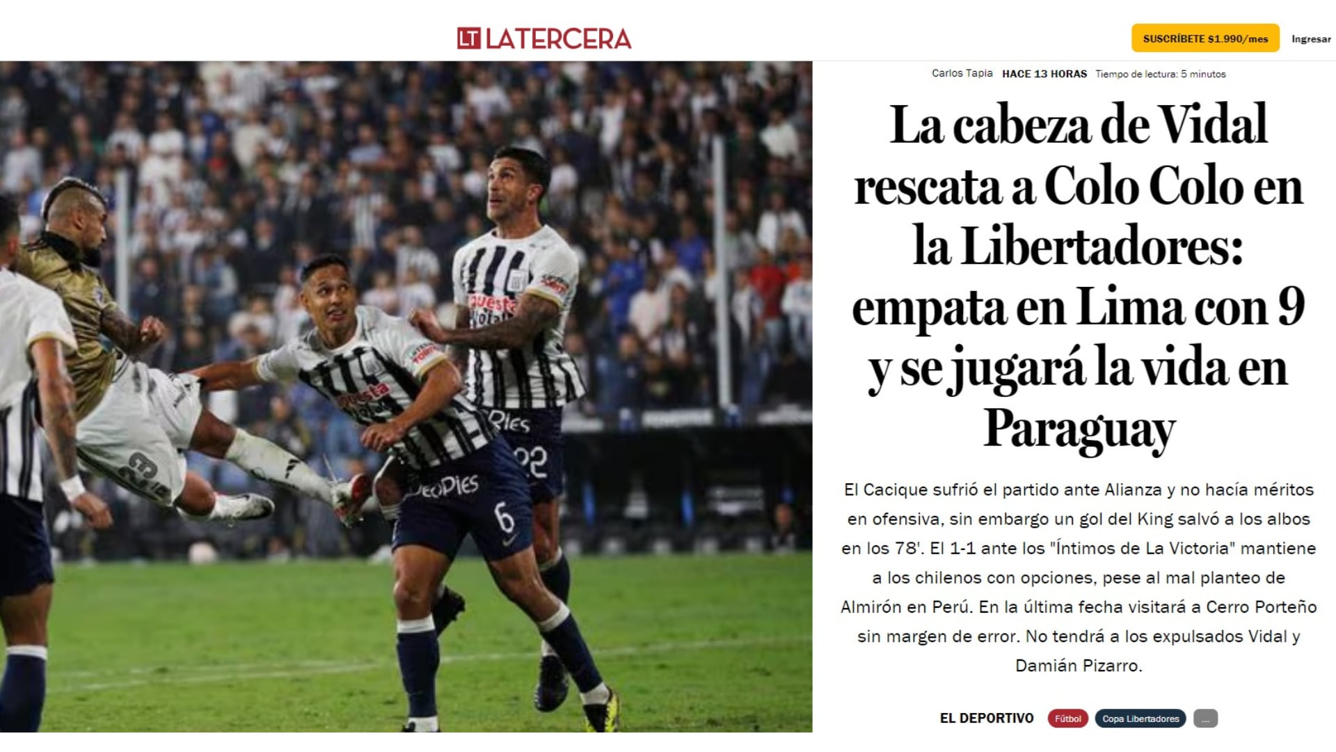 Reacción de 'La Tercera' tras el Alianza Lima vs Colo Colo por Copa Libertadores 2024.