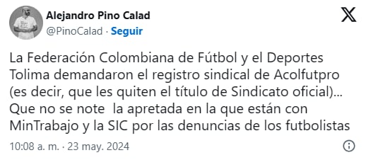 El periodista deportivo informó sobre las acciones legales que tomaron para retirar el reconocimiento de sindicato a Acolfutpro - crédito Alejandro Pino Calad / X