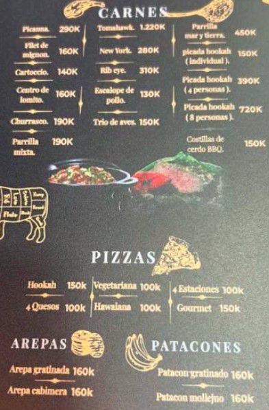 Carta del restaurante Hookah en Medellín