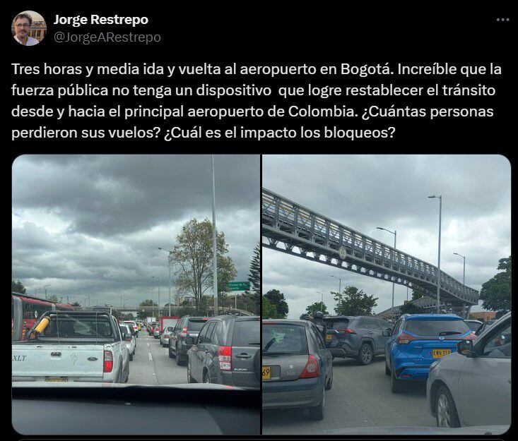 Continúan los trancones en la calle 26 por protestas del sindicato de la DIAN - crédito @JorgeARestrepo/X