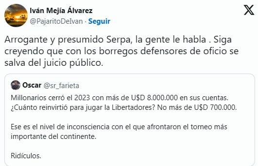 El periodista Iván Mejía habló sobre Gustavo Serpa, el máximo accionista de Millonarios y los fichajes que hace el equipo - crédito Iván Mejía / X