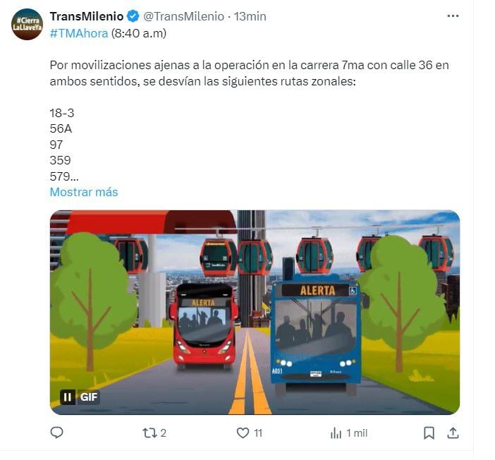 Varias rutas de TransMilenio ya comienza a sufrir afectaciones por las marchas en conmemoración del Día del Trabajo - crédito @TransMilenio/X