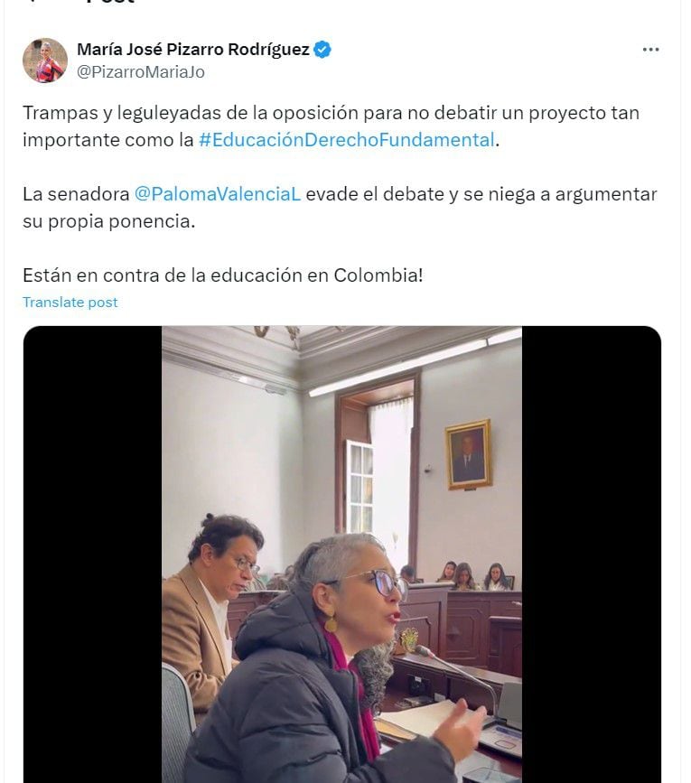 María José Pizarro  crítica a la senadora Paloma Valencia por según ella "evadir el debate" de la  Ley Estatutaria de Educación - crédito @PizarroMariaJo