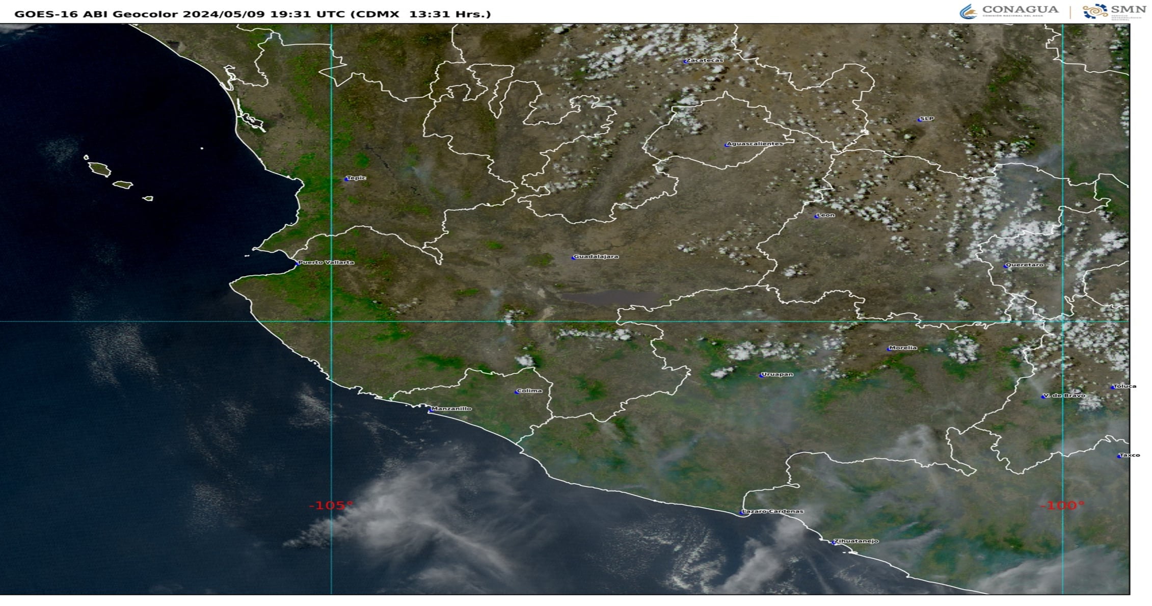 Imágen 2:GOES-16 ABI, GEOCOLOR 13:31 h (hora local).