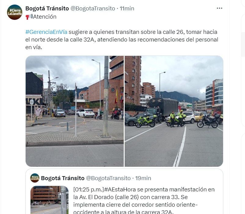 Al momento se reportan bloqueos en la capital del país sobre la calle 26 - crédito BogotaTransito/X