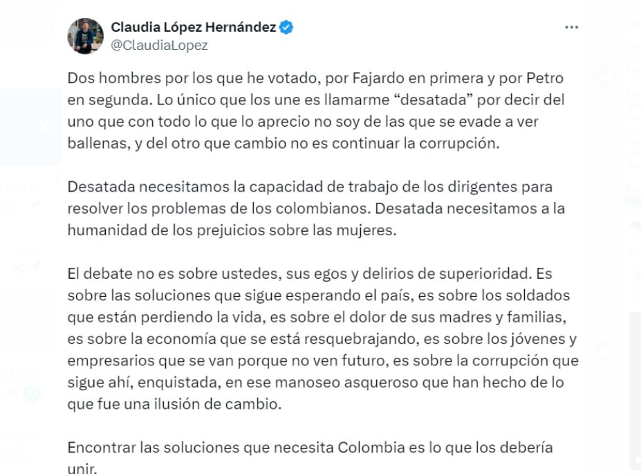 Claudia López pidió que los líderes políticos se preocuparan por los problemas del país y no por ella - crédito @CluadiaLopez/X