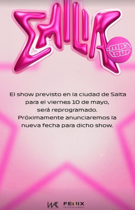 Emilia Mernes Reprogramación Show Salta