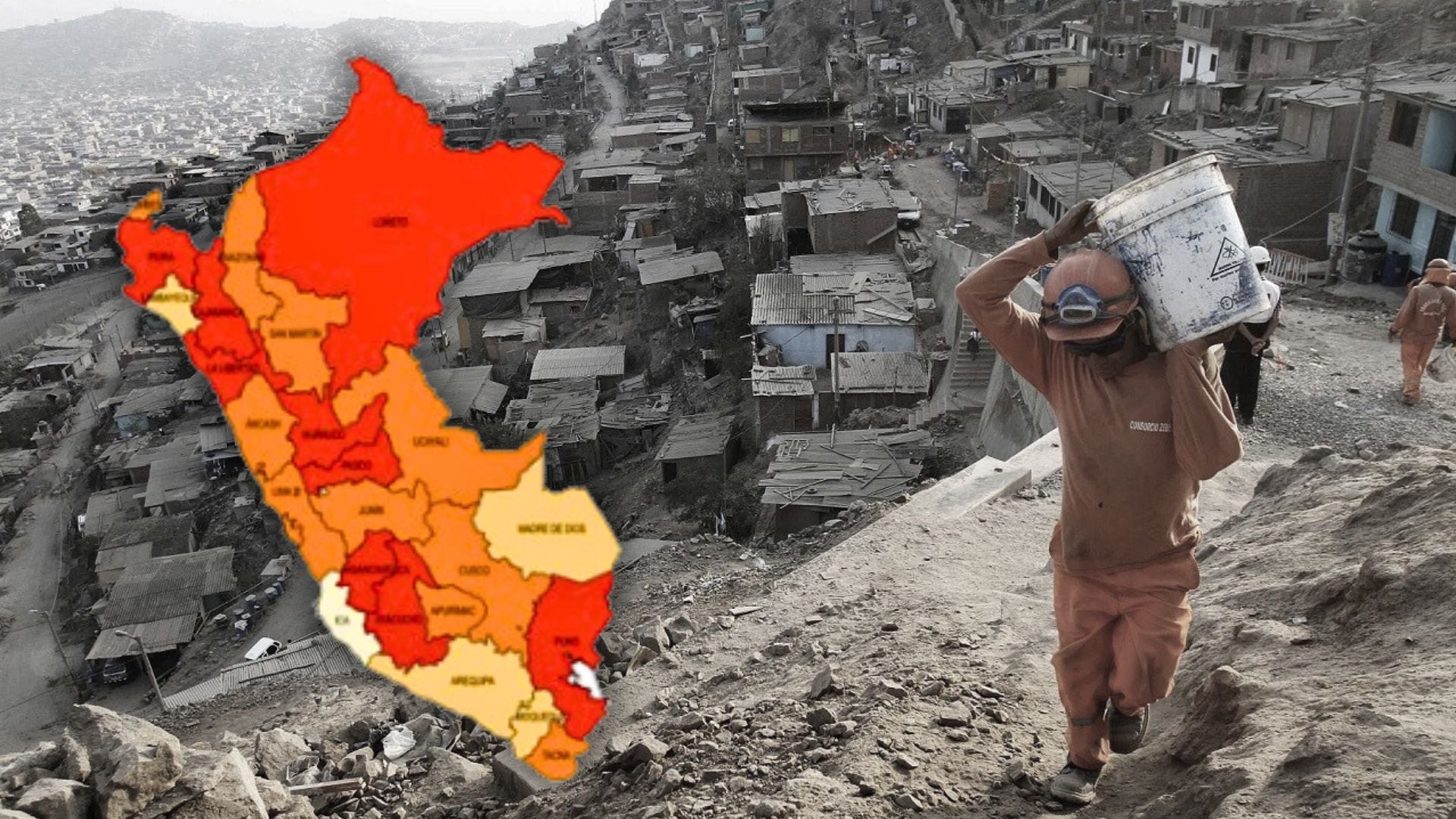 Mapa de pobreza del Perú con fondo de persona trabajando en asentamiento humano