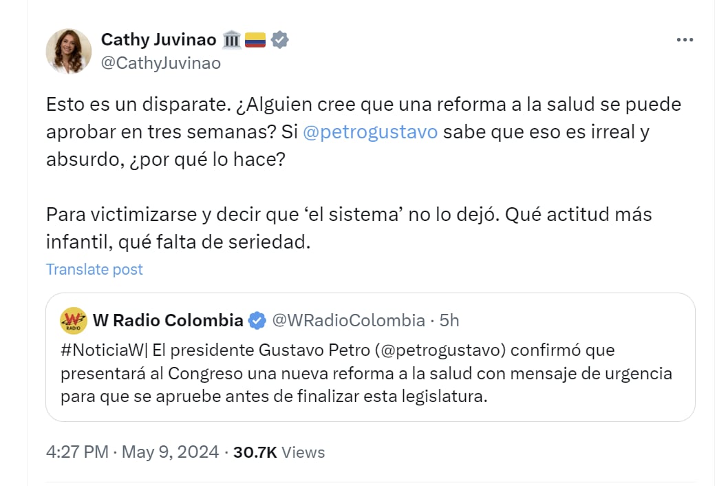 Catherine Juvinao cuestionó a Gustavo Petro por nueva reforma a la salud - crédito @CathyJuvinao/X