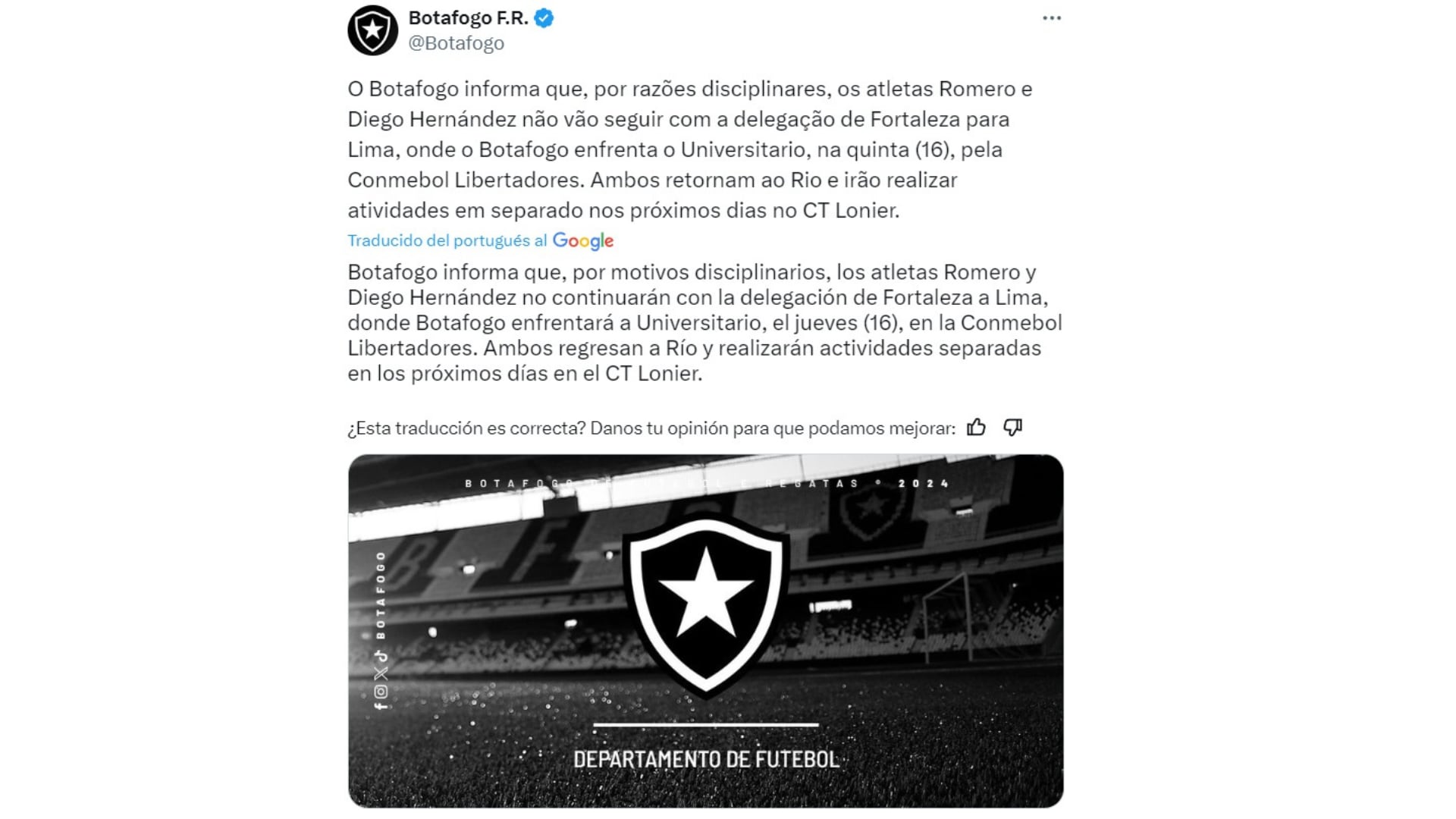 Botafogo y el comunicado con la separación de dos jugadores que no estarán ante Universitario por Copa Libertadores 2024.