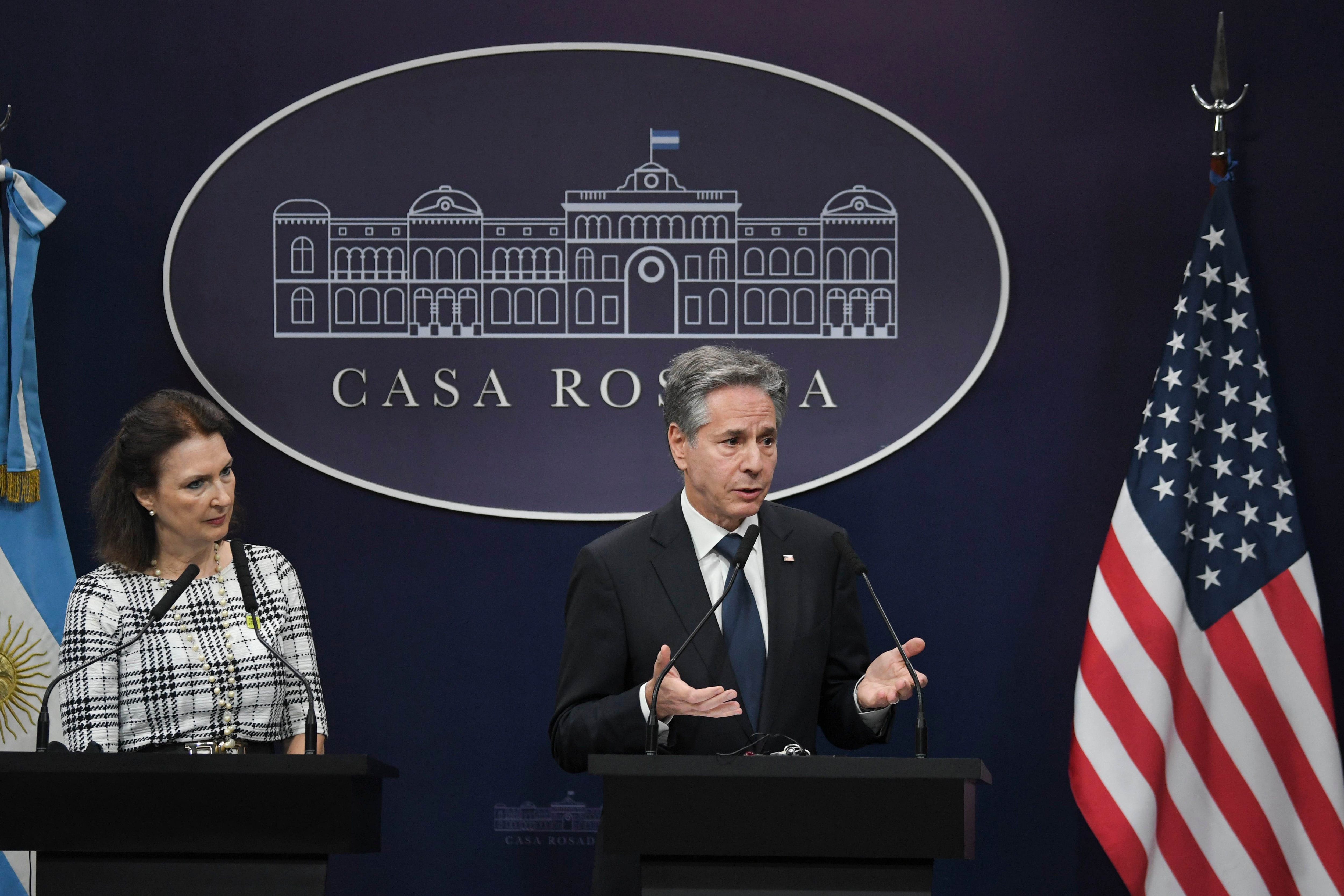 Diana Mondino y Antony Blinken durante su encuentro en la Casa Rosada