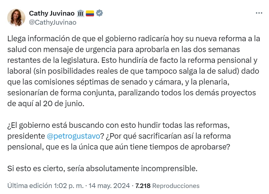 Cathy Juvinao cuestionó la intención del Ejecutivo de colapsar al Congreso con las reformas que propone - crédito red social X