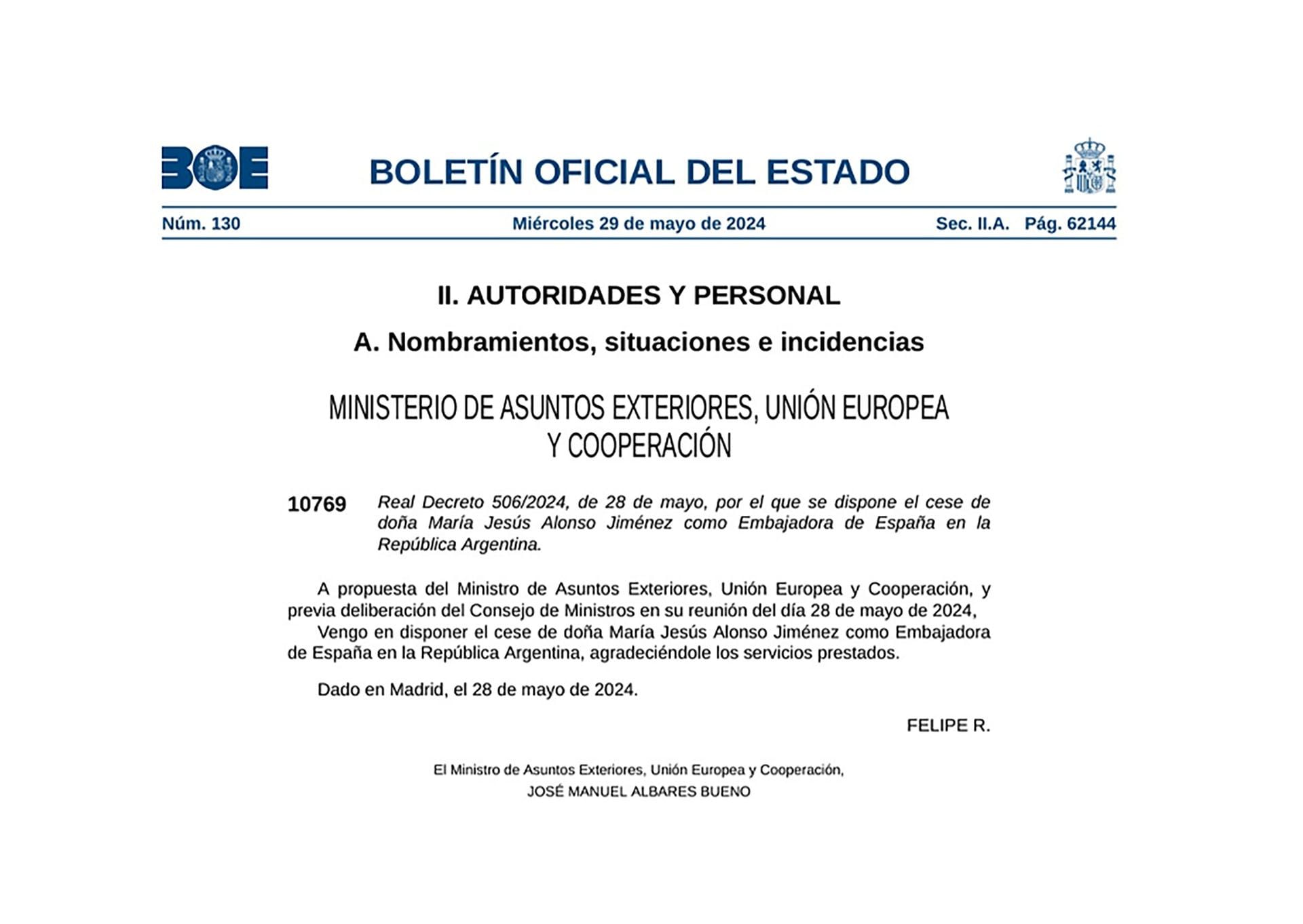 Decreto España sobre embajadora en Buenos Aires