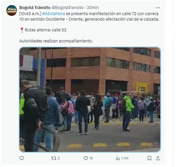 Debido a la manifestación se reportan problemas de movilidad en la localidad de Chapinero - crédito @BogotaTransito/X