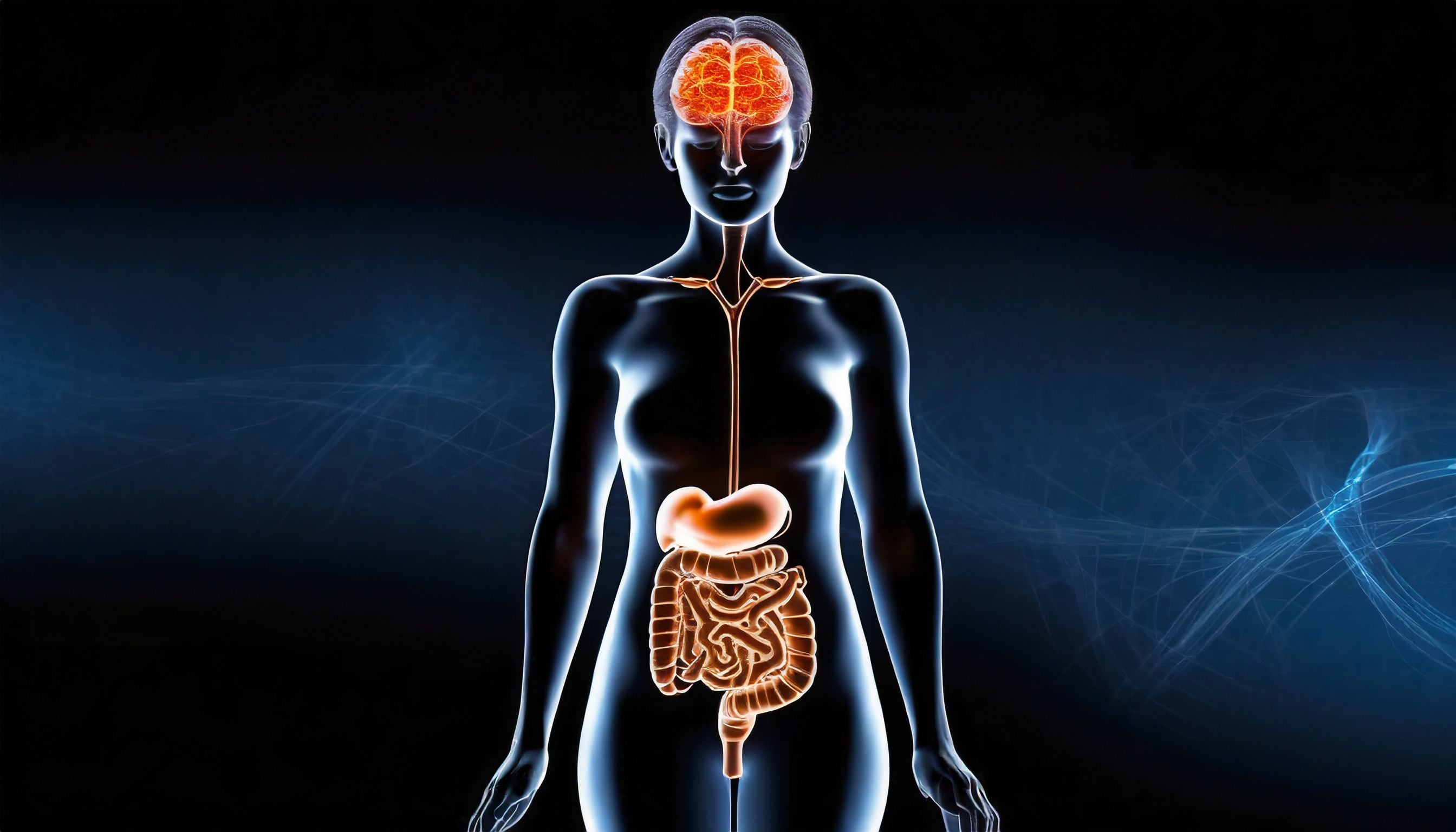 un esquema traslúcido de una persona mostrando su intestino y cerebro - (Imagen Ilustrativa Infobae)