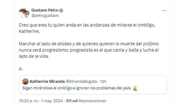 Gustavo Petro le respondió a katherine Miranda - crédito captura de pantalla