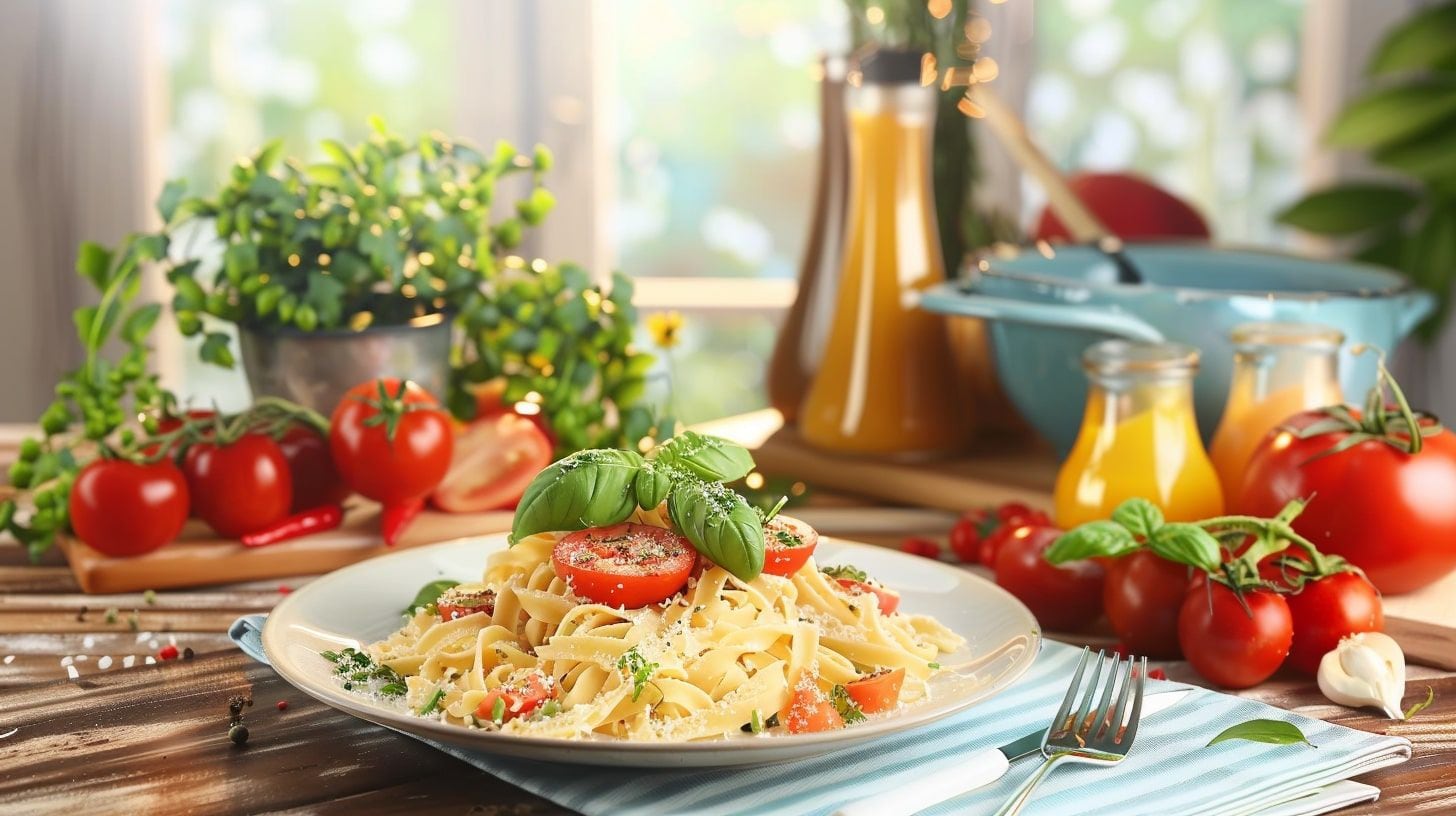 Desayuno saludable, pasta integral, tomates cherry, vegetales verdes, mesa de madera, plato blanco - (Imagen Ilustrativa Infobae)