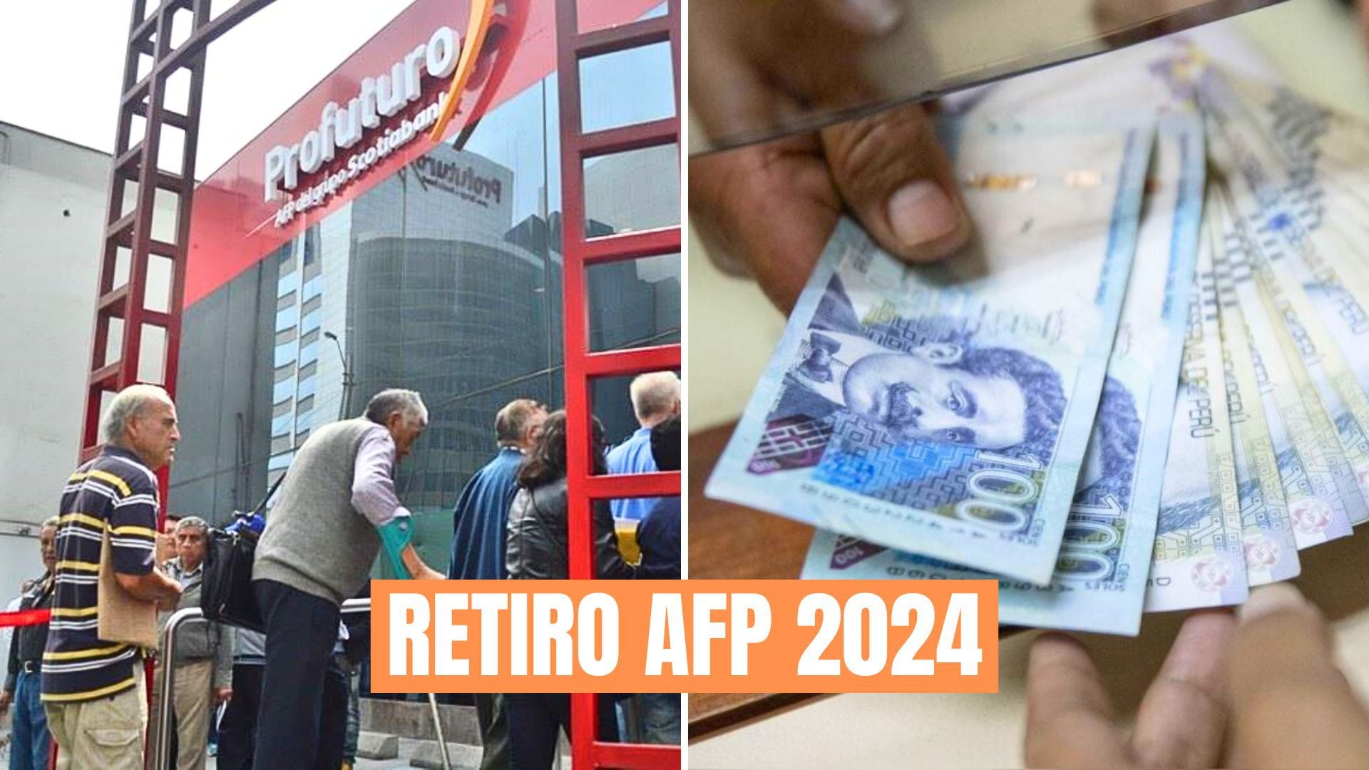 retiro afp 2024: personas esperando a cobrar y mano que entrega billetes de soles