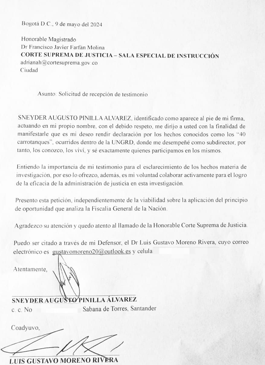 Carta del exsubdirector de la Ungrd al magistrado Francisco Farfán para contar todo lo que sabe de los carrotanques