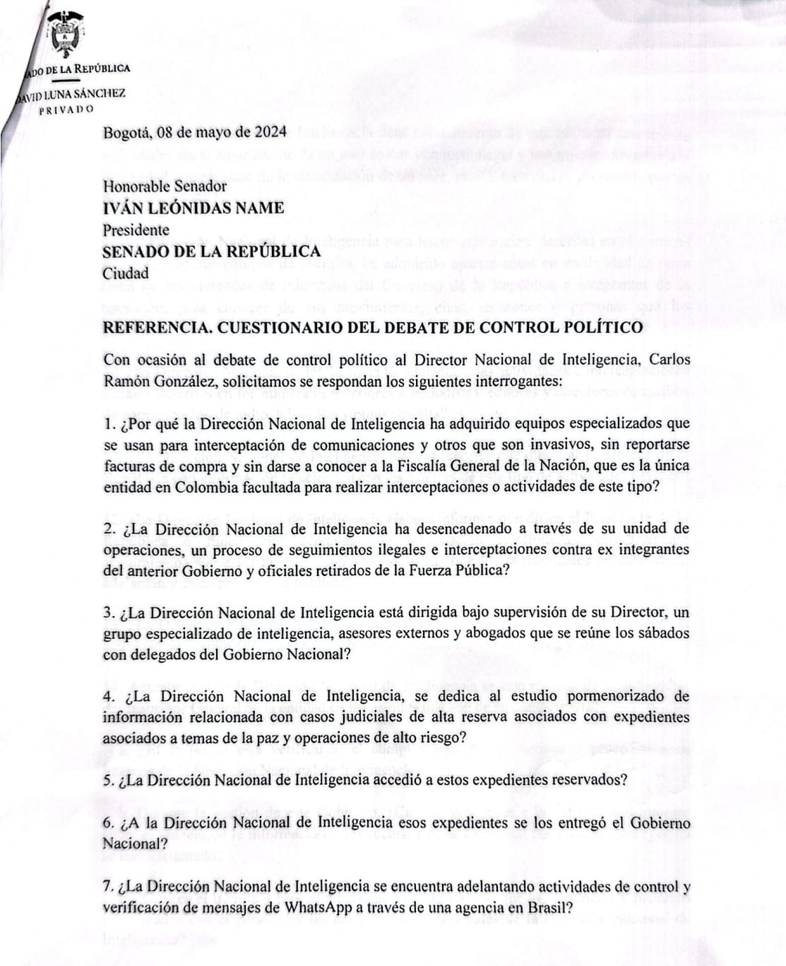 Estos son parte de los cuestionamientos del senador David Luna a Carlos Ramón González para citarlo a un debate de control político