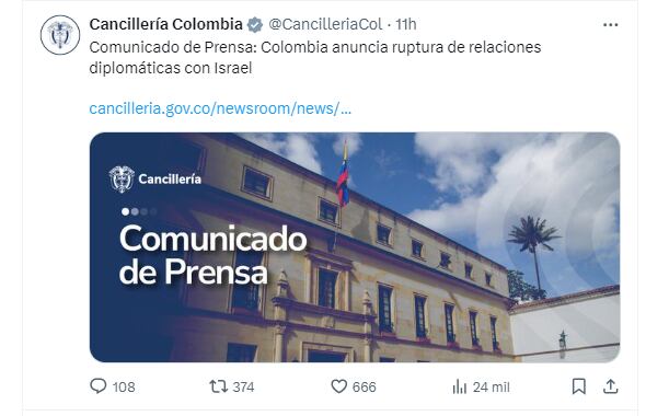 Cancillería oficializa ruptura diplomática con Israel - crédito @CancielleriaCol/X