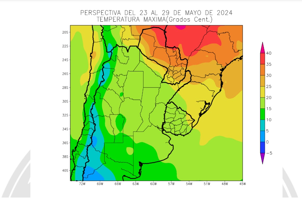 Temperaturas máximas previstas para el área agrícola argentina hasta el 29 de mayo de 2024