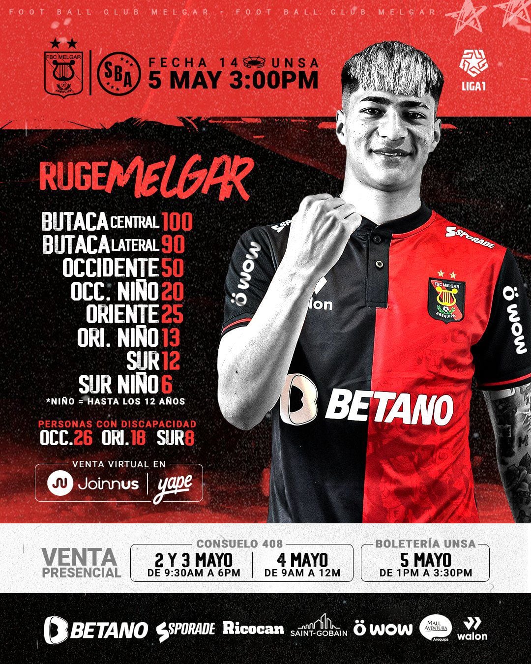 Precios de entradas para el Melgar vs Sport Boys en Arequipa.